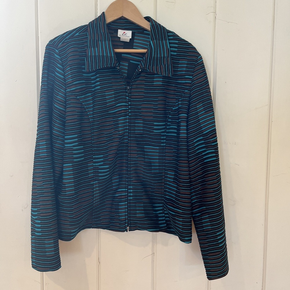 IC by CONNIE Striped JacketxTextured Women's XXL Vtg, Full Zipper, Collar, Teal